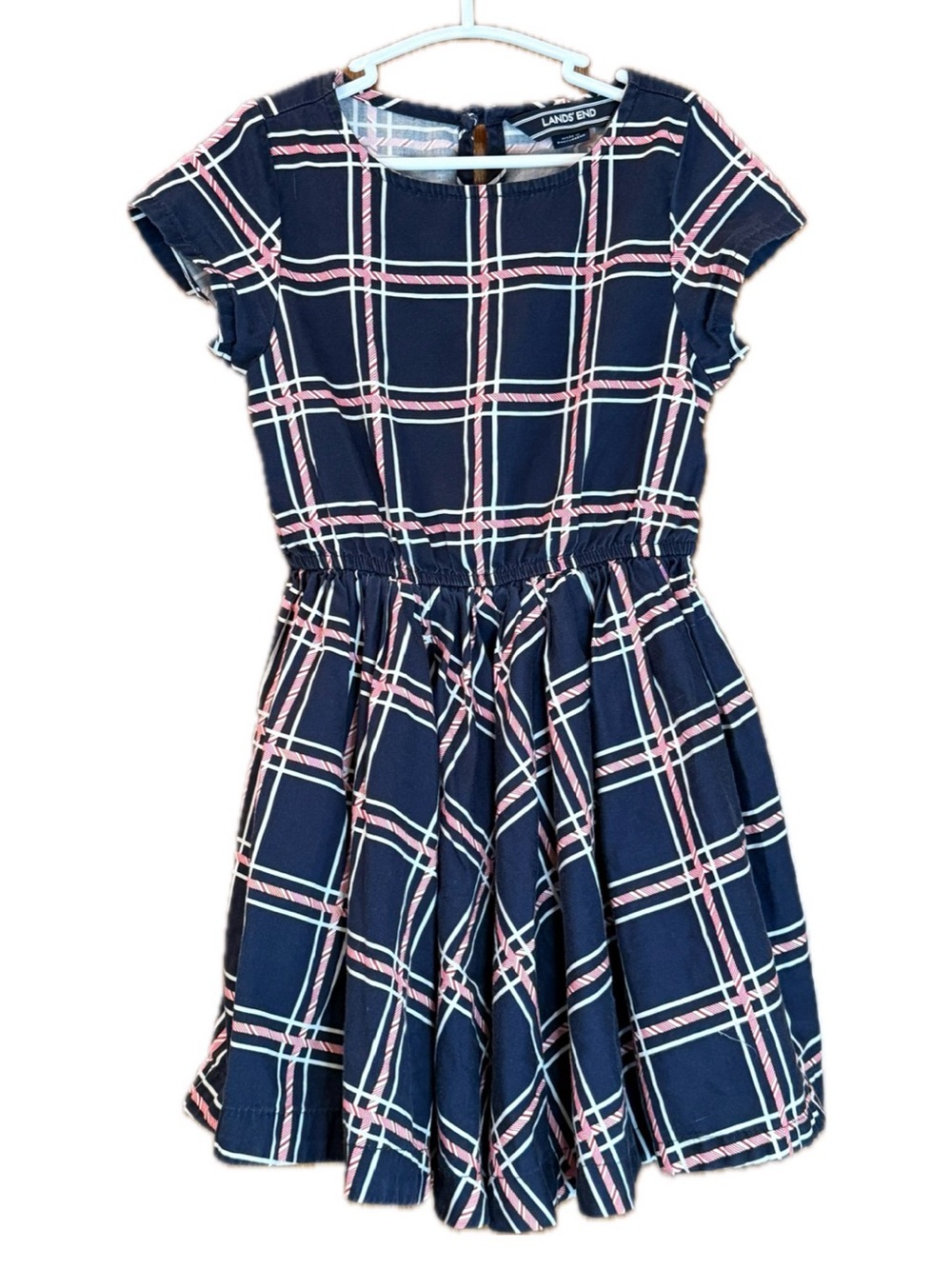 Lands' End Girls 4T Navy Blue Pink Plaid Fit & Flare Dress EUC